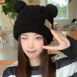 Women Solid Color Knitted Cute Bear Ears Wool Hat Plush Little Bear Wool Hat Metal Label Knitted Plush Thickened Ear Protect Hat