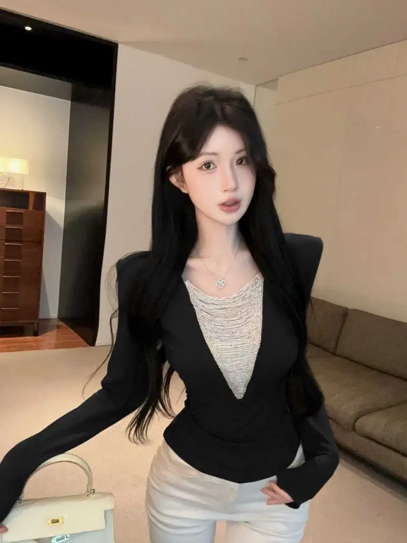Sexy Girl Long Sleeve Crop Top Women's Autumn Winter Slim Fit Waist Cinched Slimming Color Block Contrast Inner Wear Small Top