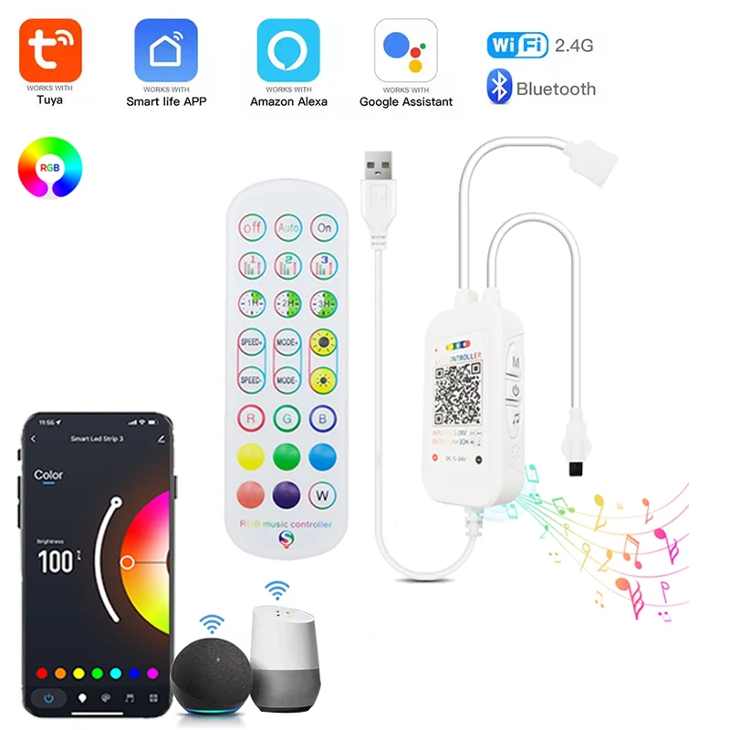 Wifi Rgb Led Controller USB 5V TUYA Rgb Controller Alexa Smart Control Remote 4Pin Led Lights Voice Sensor For RGB Neon Strips