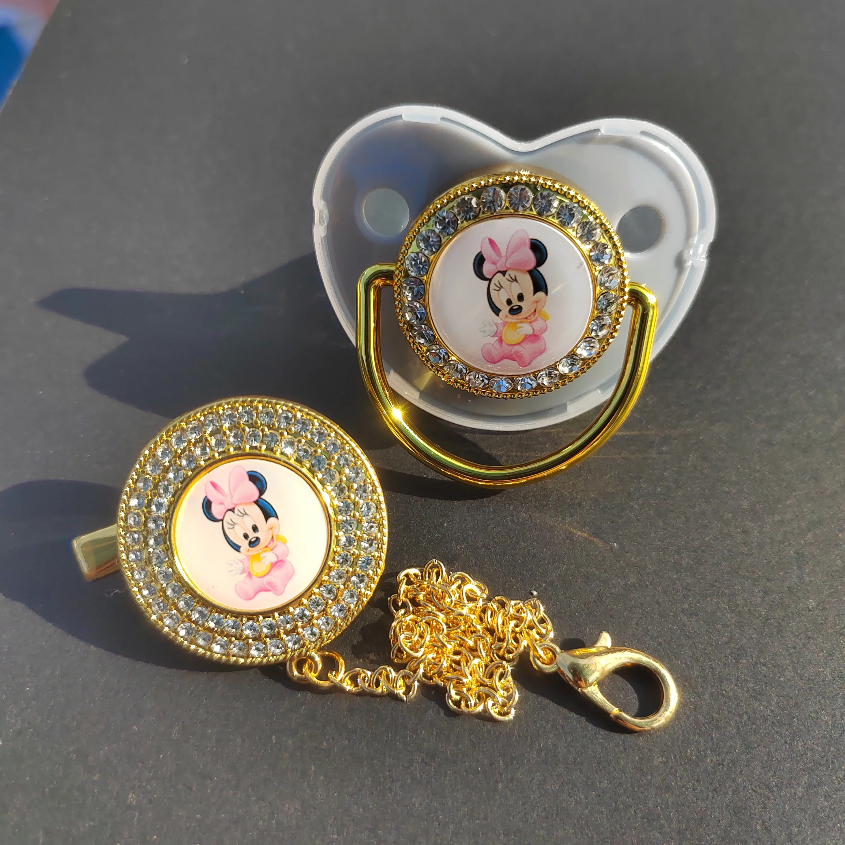 [Wysokiej jakości] Disney Mini obraz smoczek dla niemowląt z łańcuszkiem noworodek BPA silikonowy smoczek błyszczący Rhinestone Baby teether