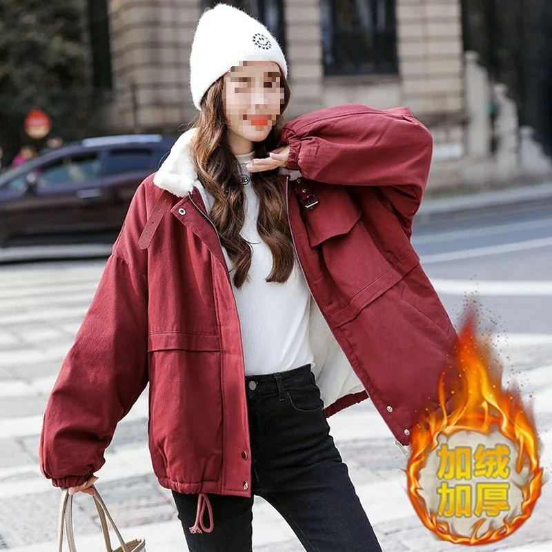 

Зимняя хлопковая куртка корейской версии с женской плюшевой и плотной рабочей одеждой, хлопковая куртка Parker, зимняя свободная овечья шерсть больших размеров