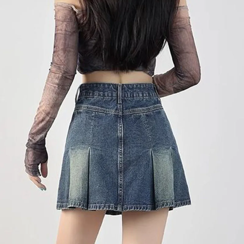 Gonna di jeans a pieghe vintage donna estate 2025 nuova vita alta una linea tasca blu mini gonne ragazze casual breve Saia femminile