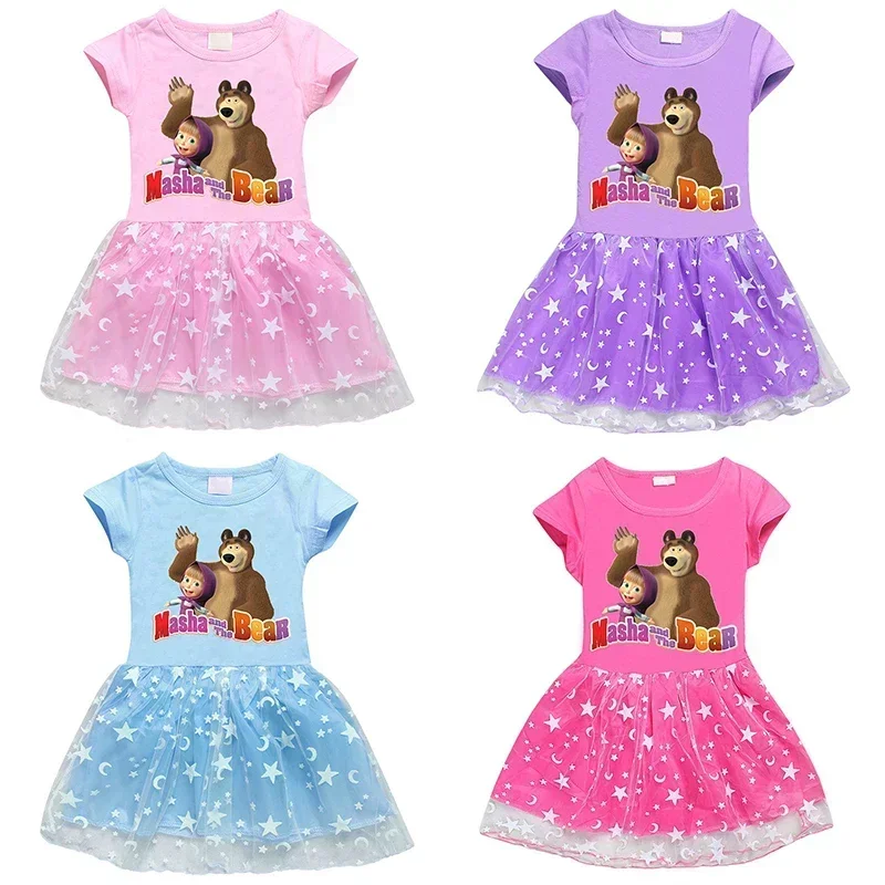 Masha and Michka Dress for Girls Children Summer Costume  Cute Cartoon Clothes Pink Purple Colorful Cotton Clothing Kids Gift