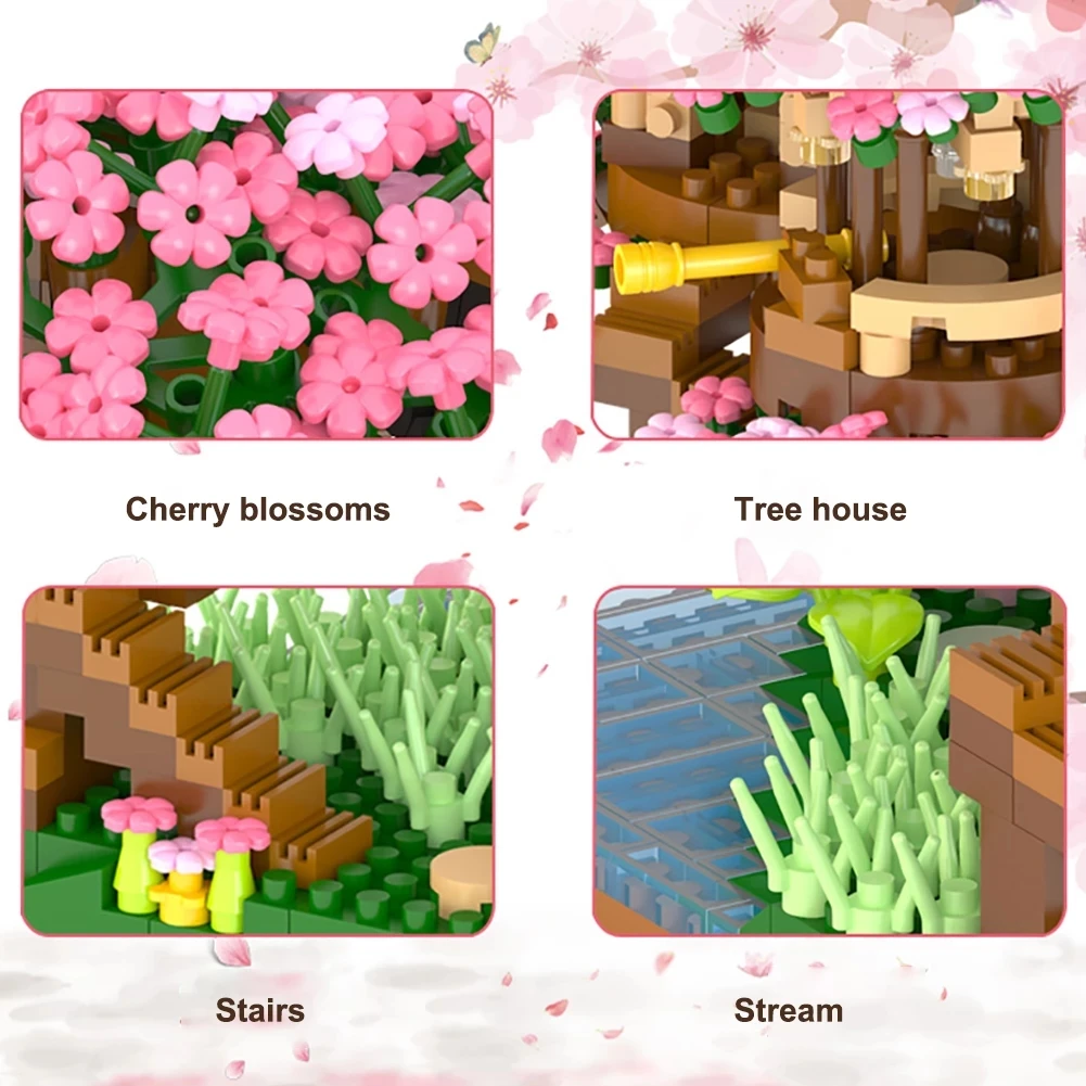 With Lights Sakura Tree House Building Blocks City Cherry Blossom Japanese Friends Street View Mini Bricks Toys Chsristmas Gifts