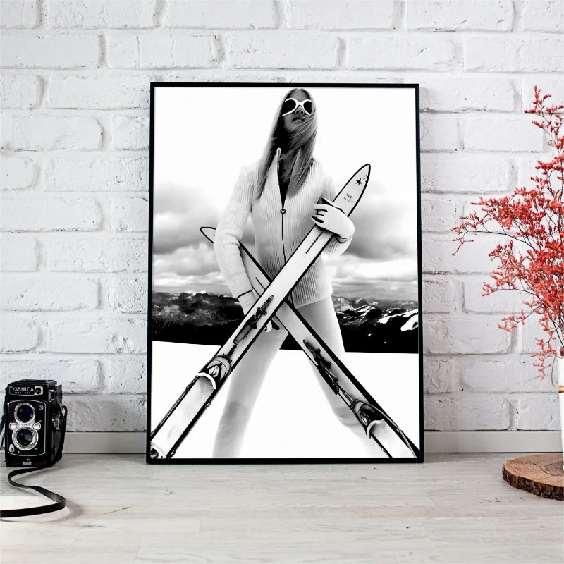 Vintage Bikini Ski Girls Black White Winter Skiing Poster and Prints Canvas Printing Wall Art Picture for Living Room Home Decor