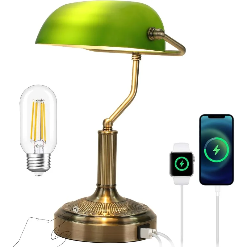 

Lamp with USB & Type C Charging Ports, Touch Control Green Glass Desk Lamp, 3-Way Dimmable Vintage Table Lamps for Home