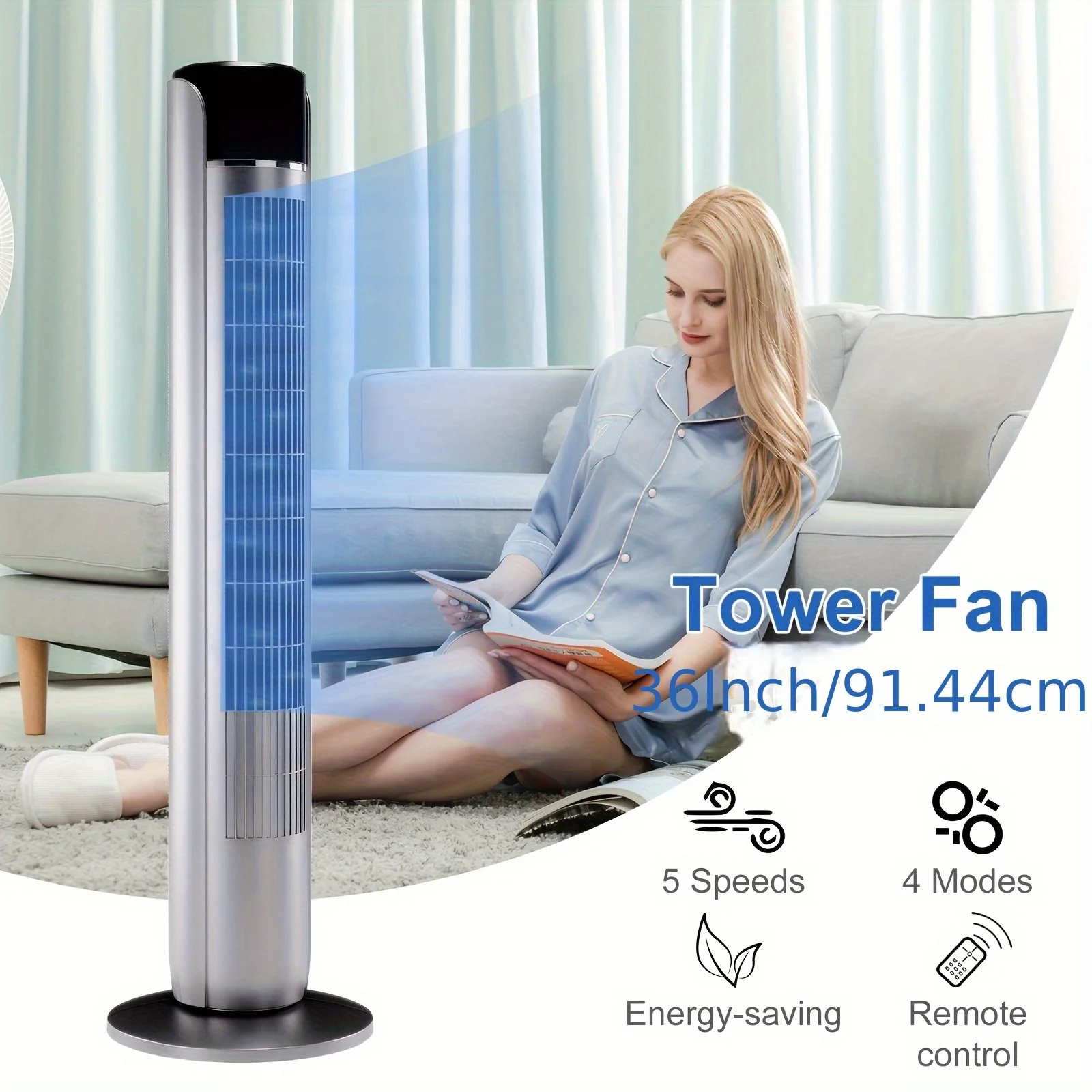 

35 Inch Quiet Tower Fan With Remote Control, 12H Timer, 5 Speeds Settings, 4 Modes, Ultra Quiet 28dB, Standing Fan Bladeless Fan