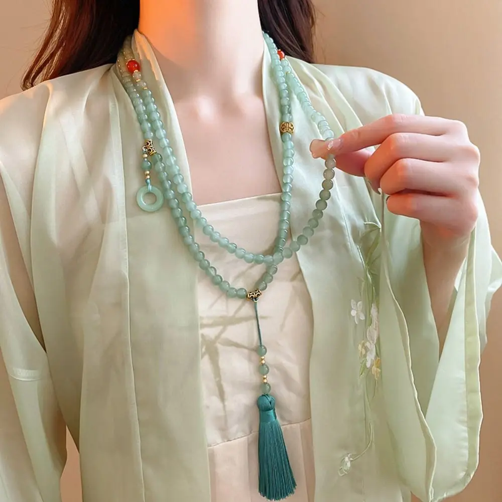 Chinese Style Hanfu Horse Face Skirt Necklace Accessories Vintage Qipao Ping An Buckle Pendant Long Tassel Bead Necklace Jewelry