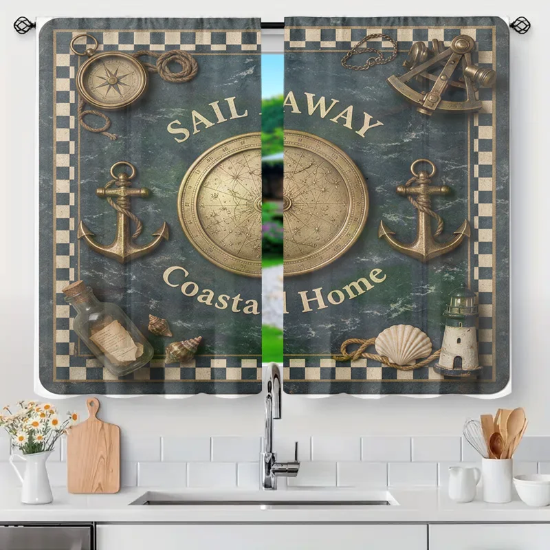 Nautical Coastal Curtains Window Decor Sea Map Theme Sailor Compass Anchor Pair Curtains Light Filtering Day Curtains for Kitche