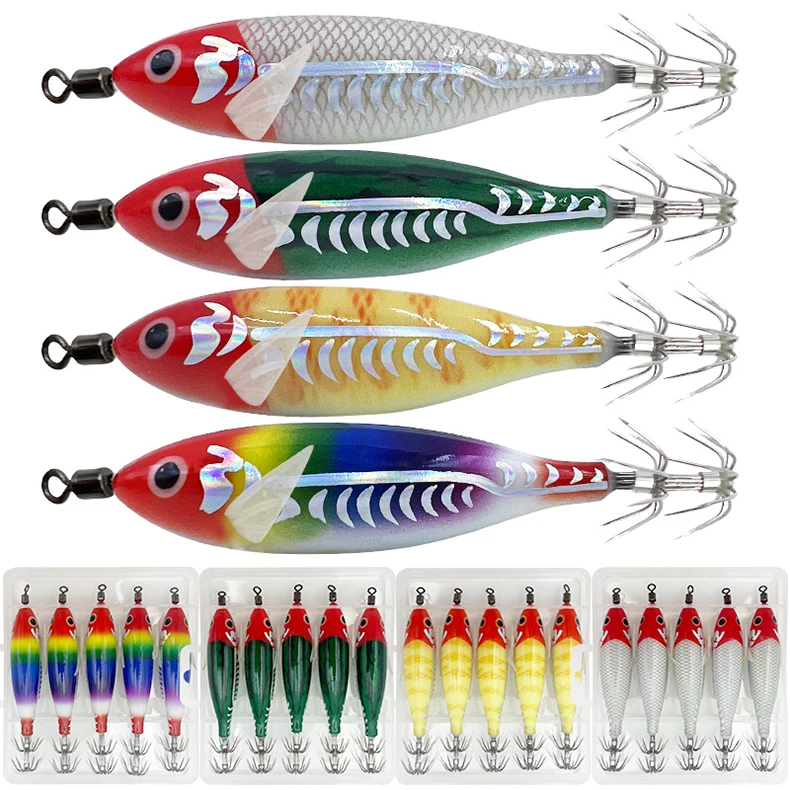 ShareShark 5 Stück/Box Leuchtendes Horizontales Garnelen-Lasermuster Hartköder-Set, geeignet für Meeresangeln auf Tintenfische und Oktopus. – Detail 1