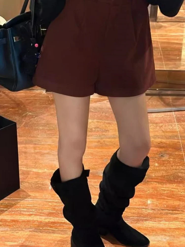 Wełniane spodnie z wysokim stanem i szerokimi nogawkami dla kobiet, jesienno-zimowe, plus size, kolor kawowy, codzienne spodnie bootcut, krój A-line, eleganckie.