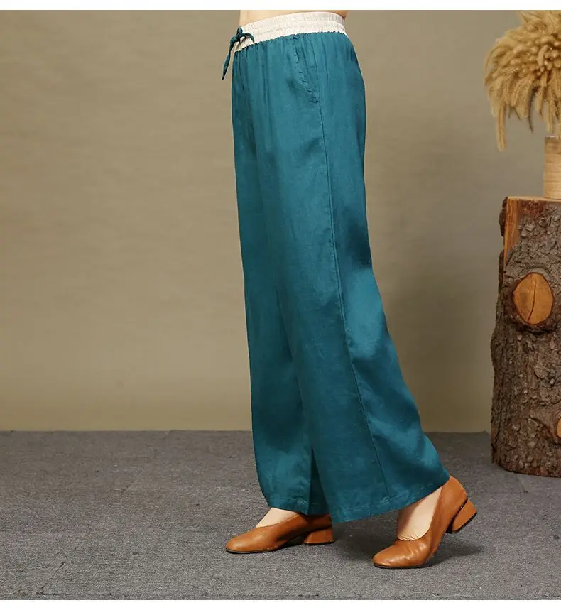 Nuovi pantaloni estivi a gamba larga a vita alta in cotone e lino