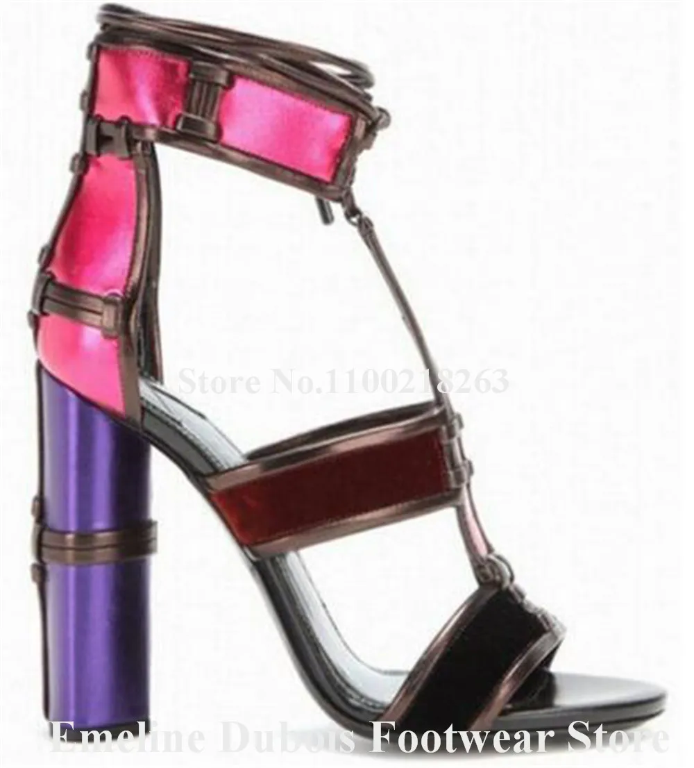 Fashion Mixed-colors Stripes Thick Heel Sandals Emeline Dubois Open Toe T-straps Patchwork Chunky Heel Sandals Dress Heels