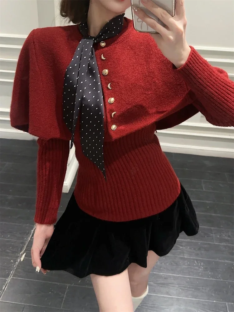 

ADAgirl Vintage Red Poncho Sweater Women Ribbed Knitwear Two-Piece Set Pullover Korean Cutecore Long Sleeve Christmas Clothes