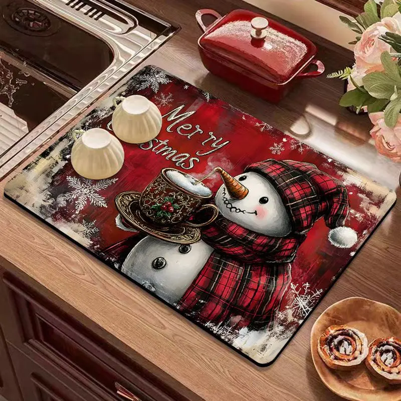 VIKAMA Christmas Counter Mat Red Snowman Plaid Hat Scarf Hot Cocoa Print Non Slip For Kitchen Counter Dining Room Coffee Decor