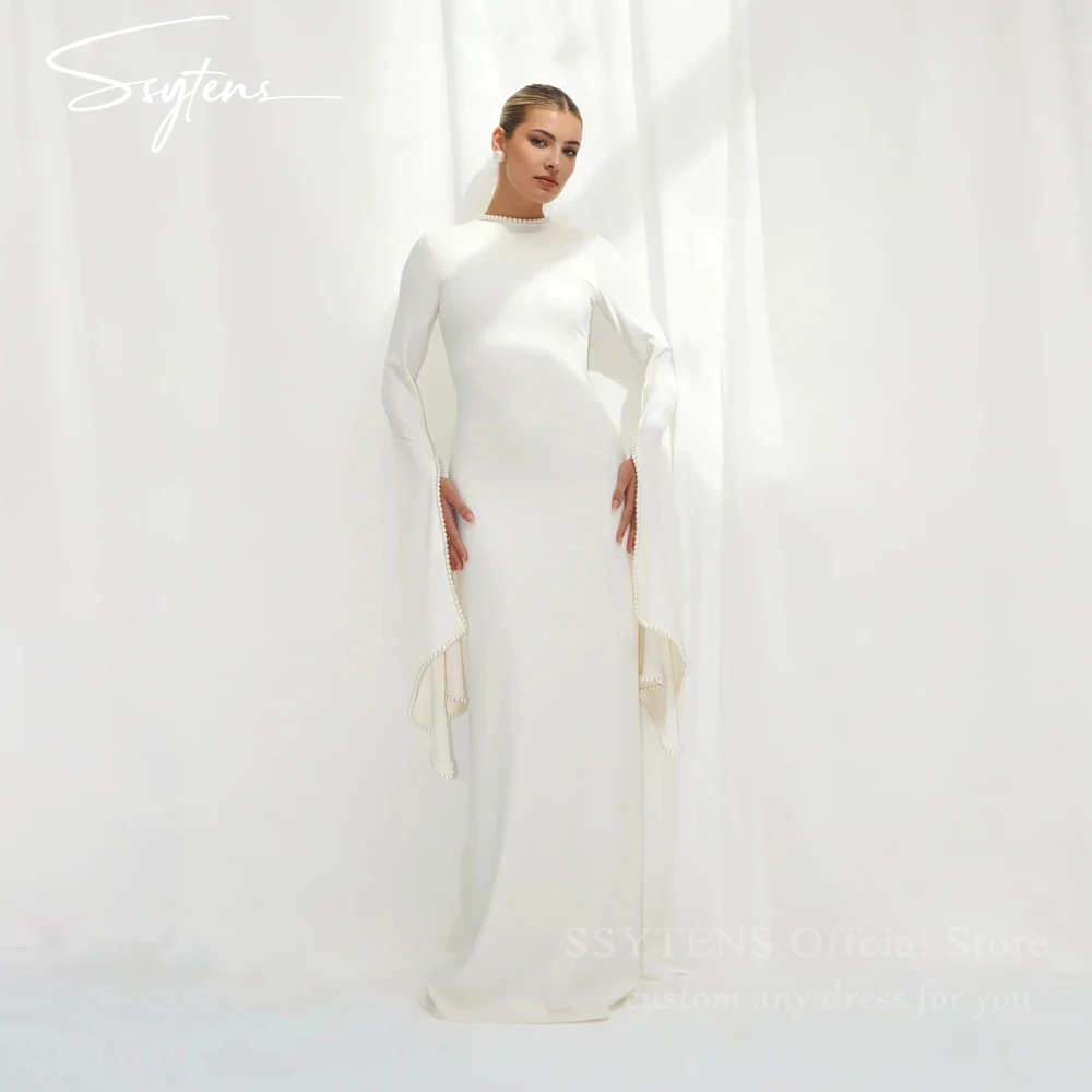 

SSYTENS Elegant Wedding Party Dresses White Pearls Long Sleeves Maxi Evening Gowns Long Shawl Saudi Arabian Formal Evening Dress