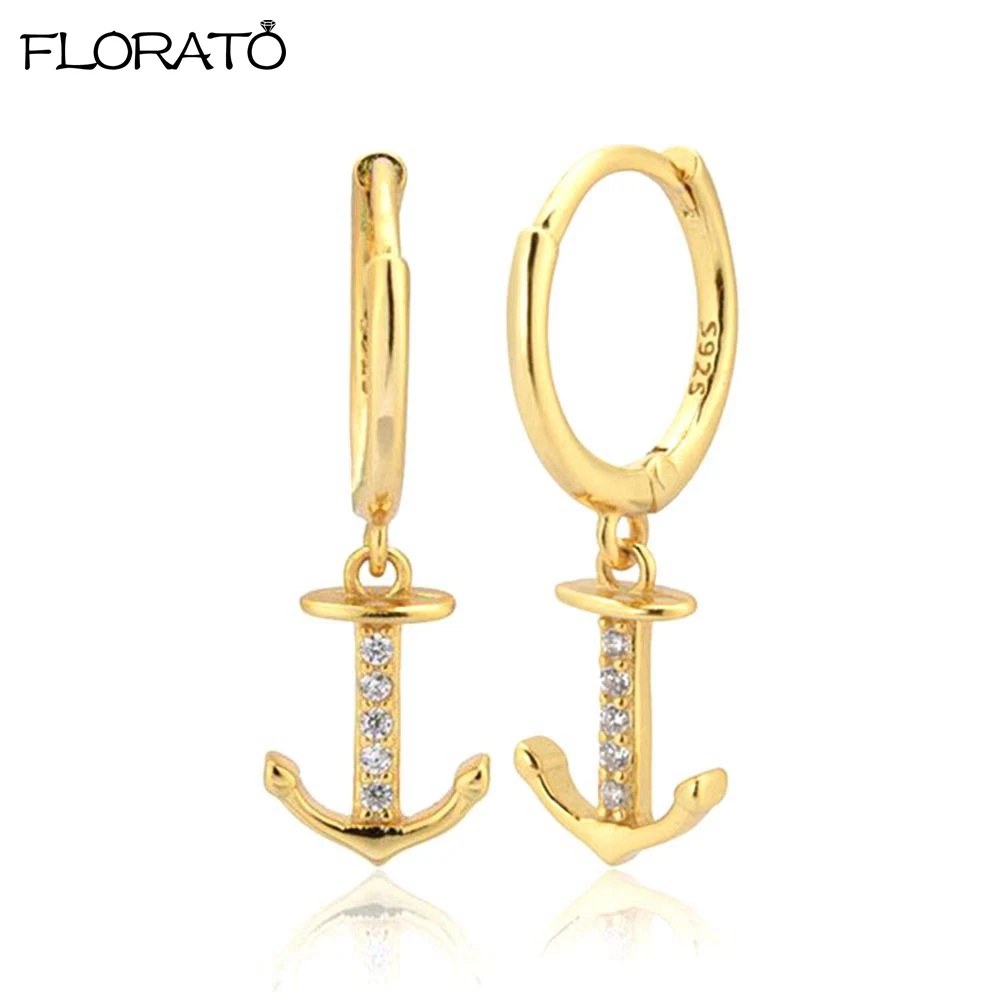 

925 Sterling Silver Needle Fashion 18K Gold Ship's Anchor Pendant Earrings 2024 New Hoop Earrings for Women Trendy Jewelry Gift