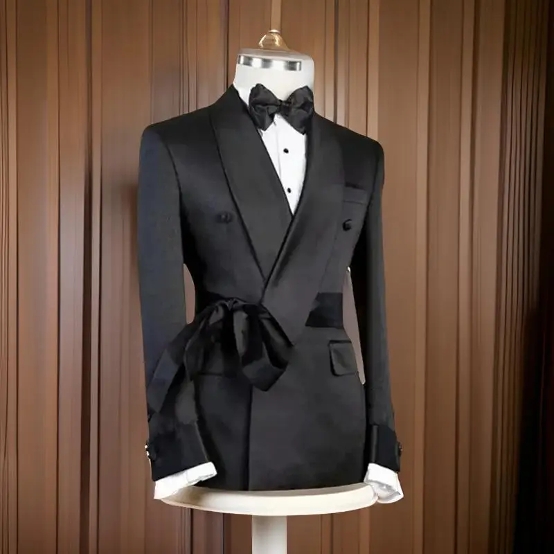 Formal Men Suit Jacket with Belt 2024 Single 1 Piece Slim Fit Male Blazer with Double Breasted Fashion Wedding Suit Coat