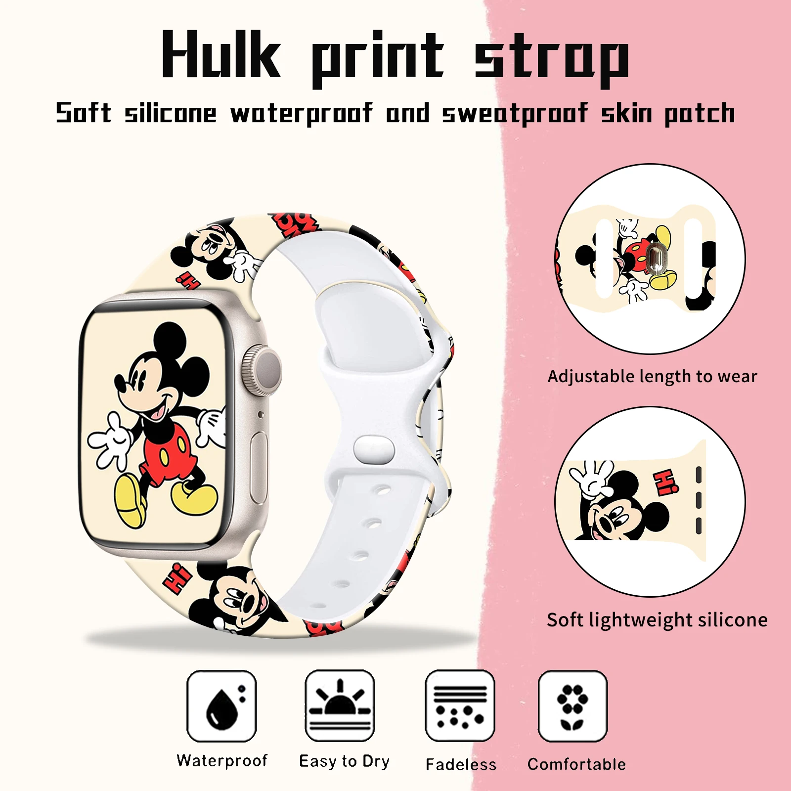 Disney Mickey Printed Strap for Apple Watch 9 8 7 SE Silicone Band Replaceable Bracelet for iWatch 45mm 44mm 42mm 40mm Watchband