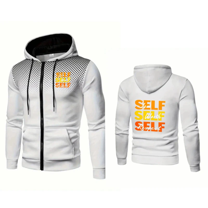 سترة رجالية بغطاء للرأس باللون الأزرق بنمط مطبوع عليه الحب الذاتي بسحاب للارتداء الكاجوال والملابس اليومية