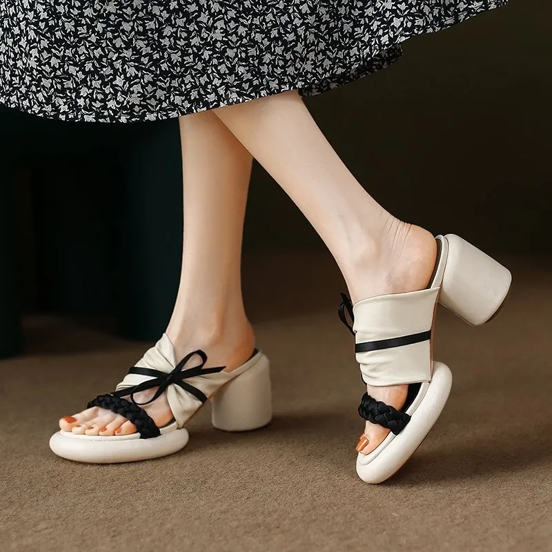 

2024 Summer New Fashion High Heels Open Finger Platform Cutting and Weaving Folded Bow Tie Mixed Color Women's Sandal Slippers