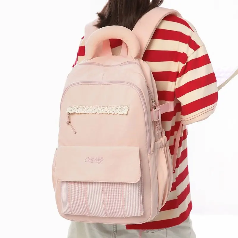 Preppy Style School Backpack for Girls、Vintage Black Daypack with Lace、JK Uniform College Bag、Large Capacity Student Knapsack