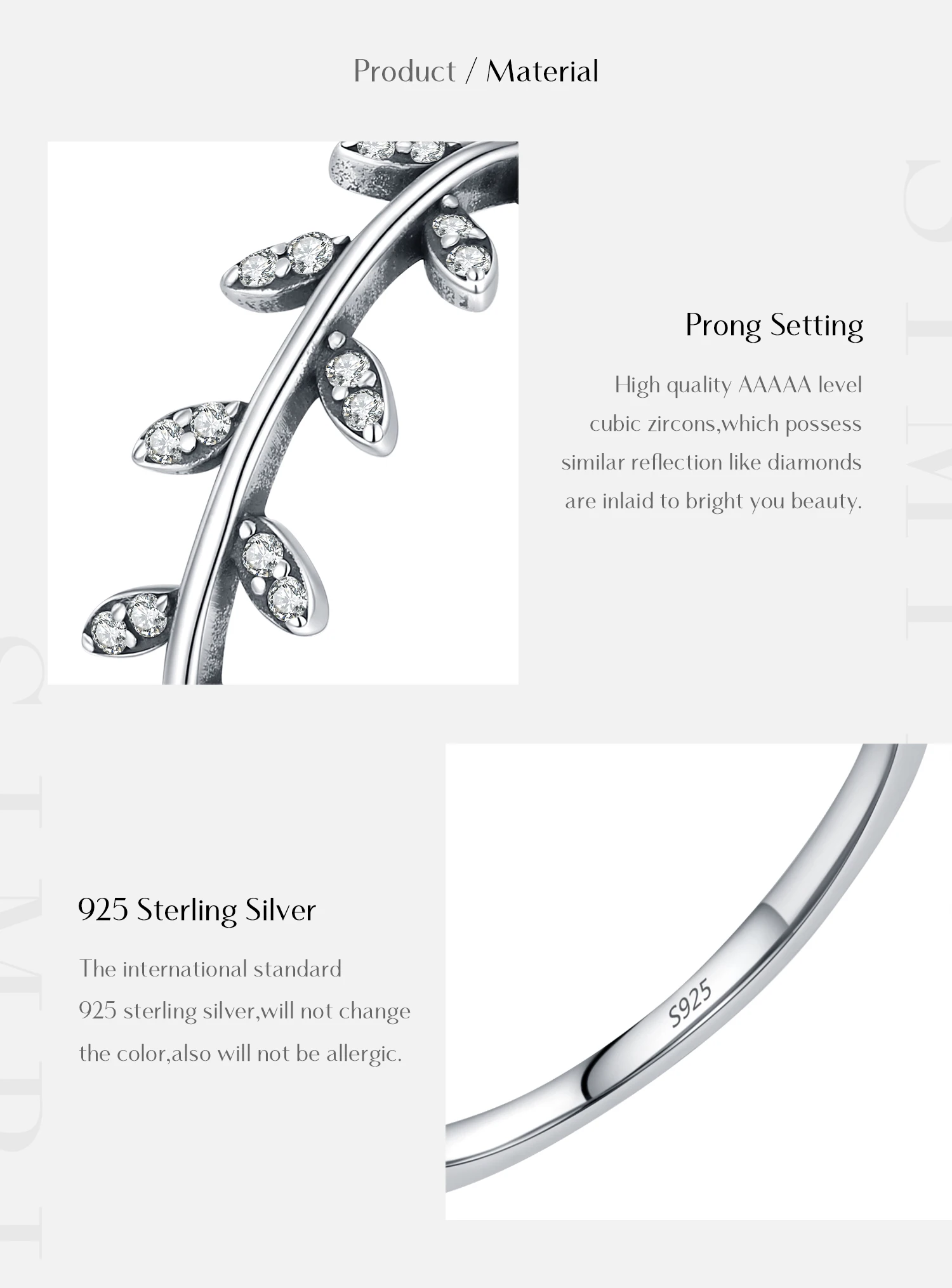 MODIAN Ring aus 925er-Sterlingsilber mit Blattzweig-Motiv, klarem Zirkonia, Olivenzweig, dünn, stapelbar, Fingerringe für Damen, Natur, edler Schmuck – Detail 3
