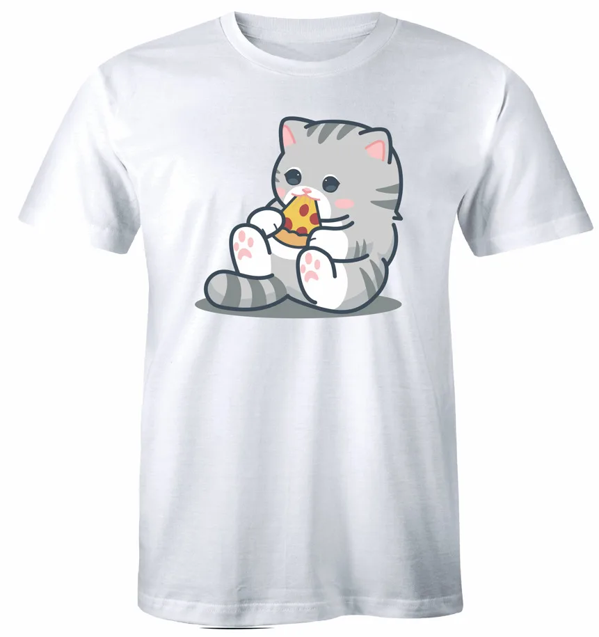 Cat Eating Pizza T-Shirt Cute Animal Pet Kitty Cat Lovers Tee Shirt Unisex High Quality 100%Cotton Short Sleeve