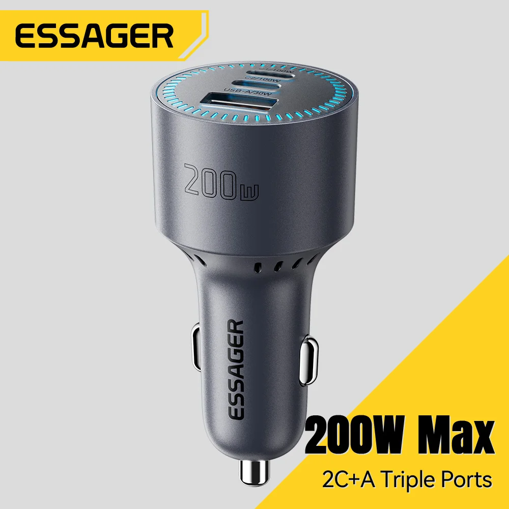 Essager 200W Car Charger USB Type C QC 4.0 3.0 PD 100W Fast Charging USB C Car Phone Charger for iPhone 17 16 Macbook Pro Huawei