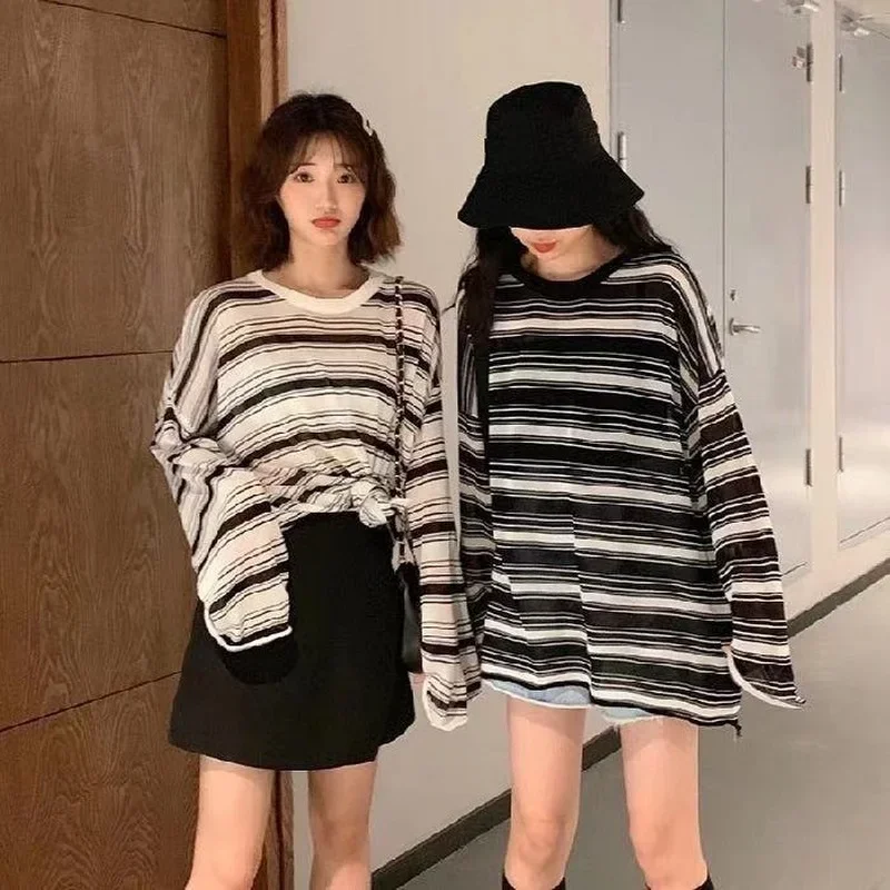 Pullovers Women Loose Striped Vintage Sun-proof Fashion Korean Style Streetwear Friends Unisex Couple Leisure Thin Chic Youth