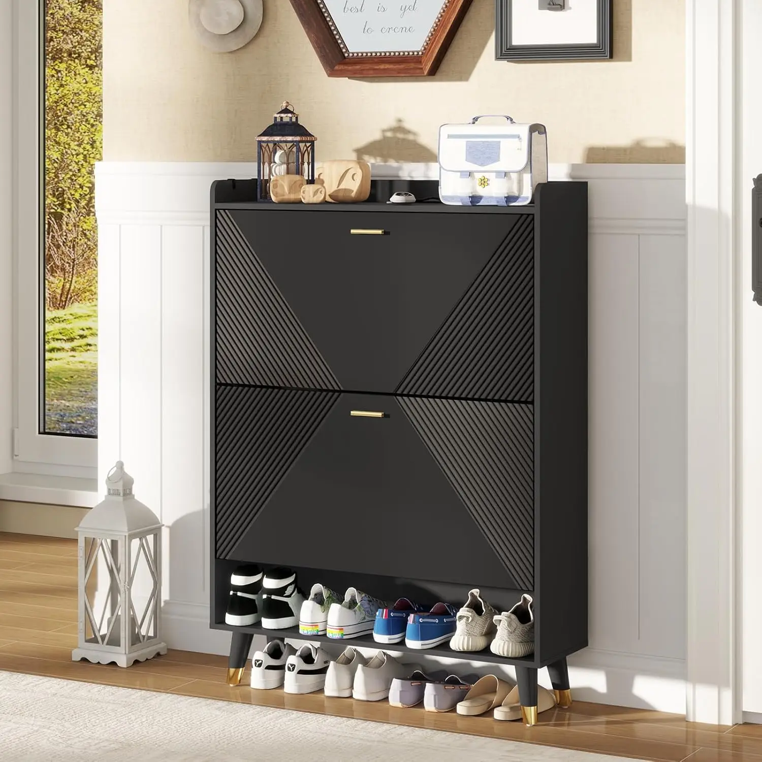 Shoe Cabinet for 24 Pairs, Fits Size 13, Slim Freestanding Shoe Rack Organizer with 2 Flip Drawers & Coat Hooks image 2