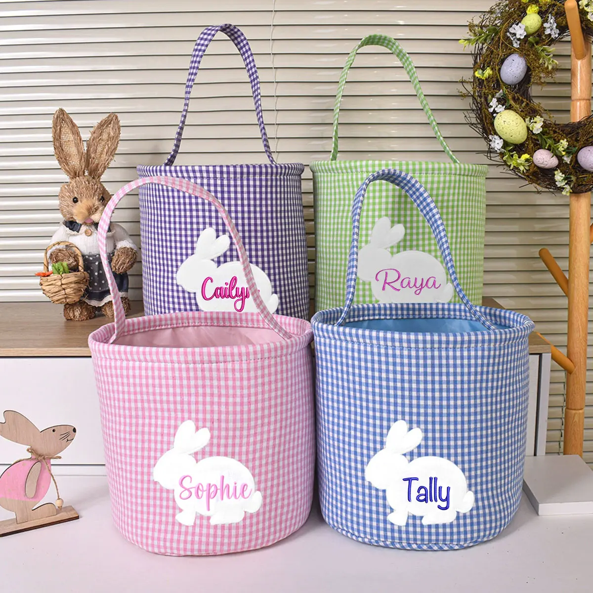 Personalized Checkered Pattern Easter Storage Basket Custom Embroidered Initials Rabbit-Motif Handle Storage Basket Gift Basket