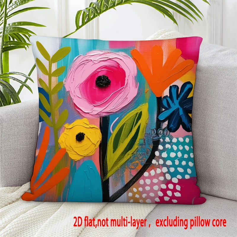 D Flat - 1pc Of Modern Style Pillow Cover Featuring Vibrant Abstract Floral Designs Without The Pillow Insert Ideal For Decorati