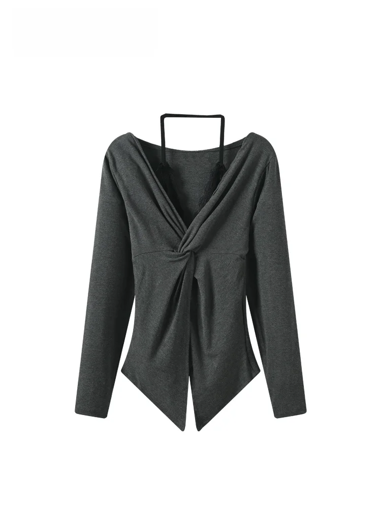 

Женская футболка больших размеров с длинным рукавом и V-образным вырезом, повседневный универсальный модный топ с эффектом двухслойности для женщин больших размеров, осенняя мода