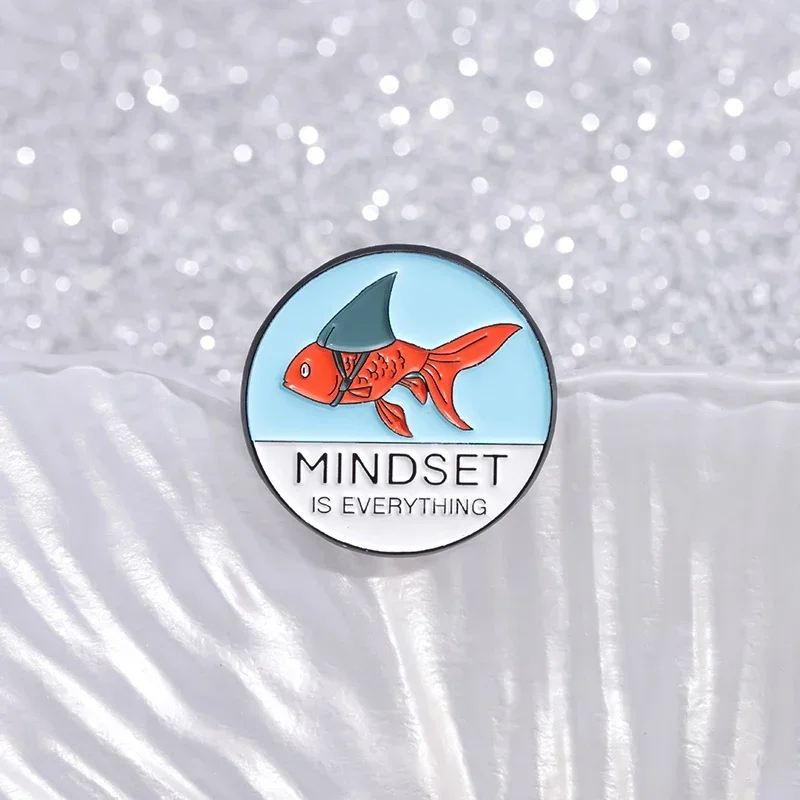 Mindset Is Everything Enamel Pin Cartoon Goldfish Shark Hat Animal Brooches Clothes Lapel Badge Cute Jewelry Gift Accessories