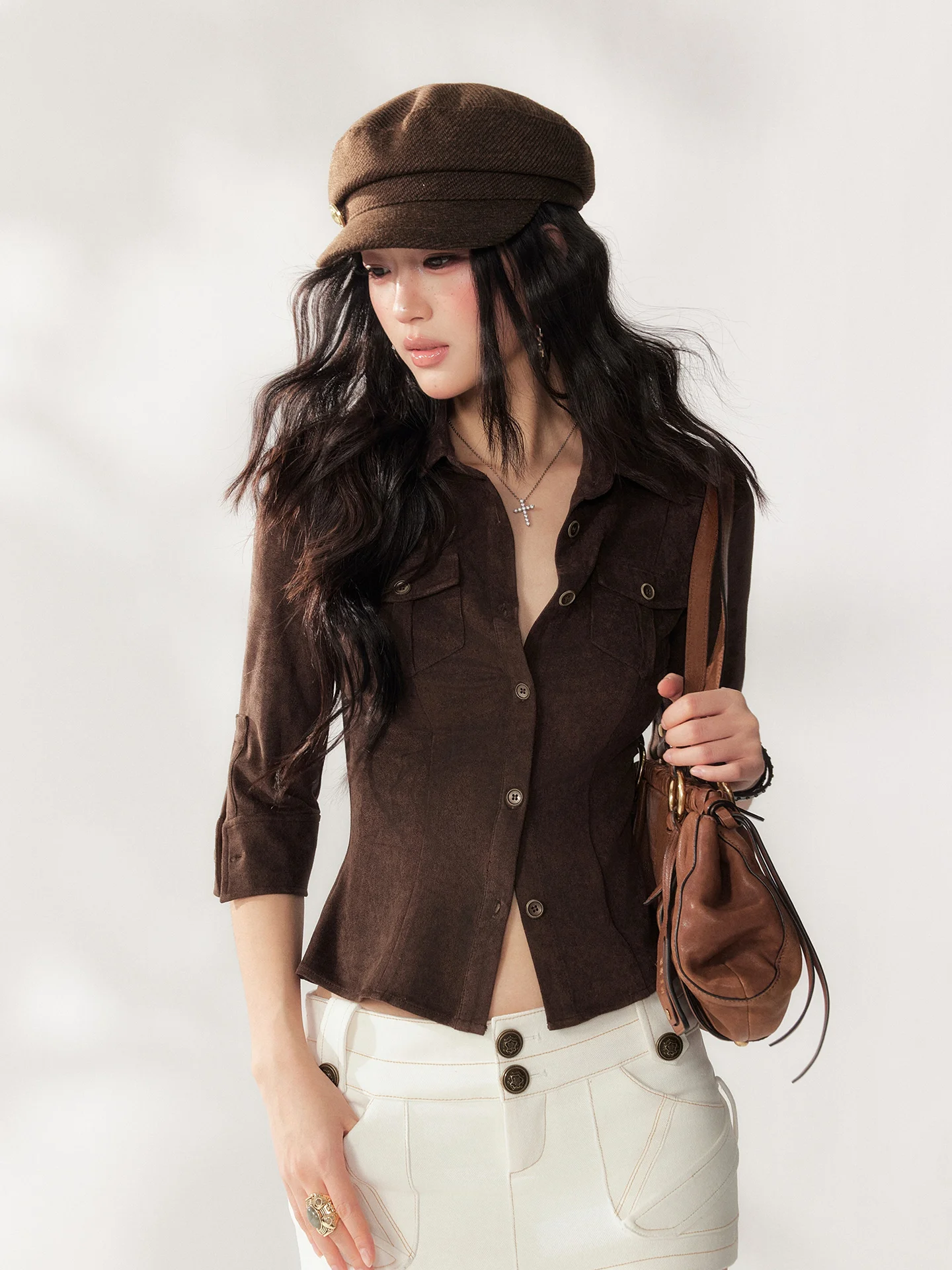 

Женская модная повседневная блузка Browan из замши с подплечниками и рукавом до локтя в стиле Spicy Girl, из смеси полиэстера и спандекса