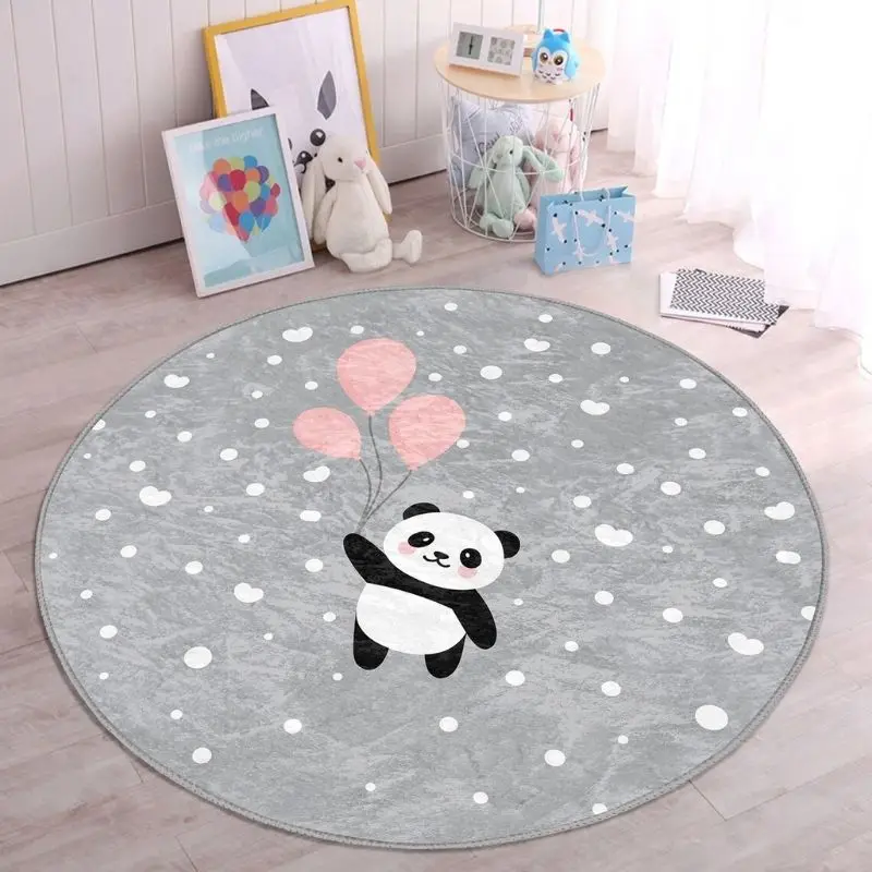 Panda Plush Baby Bedroom Beside Rug,Gray Kids Rug,Round Fluffy Carpet For Living Room,Hairy Nursery Play Mats For Children