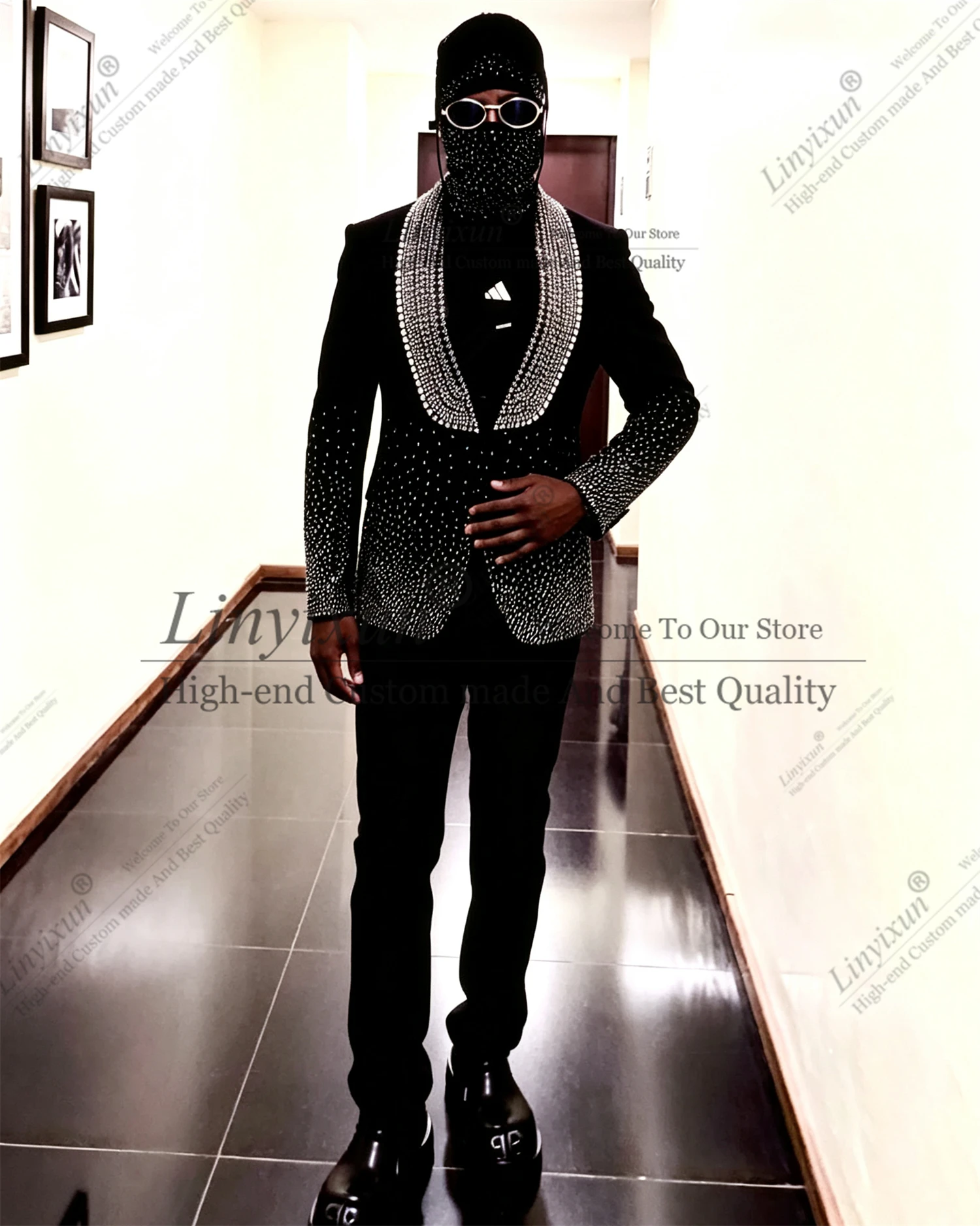 Fashion Men Suits Glitter Beaded Crystals Lapel Tuxedos 2Pieces Male Prom Blazer Customized trajes para hombre Young Boy Version