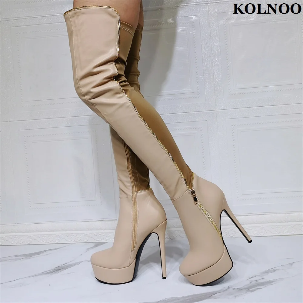 

Kolnoo New Arrival Handmade Women's Thigh-high Boots Patchwork Leather Sexy Platform Party Booties Evening Fashion Winter Shoes