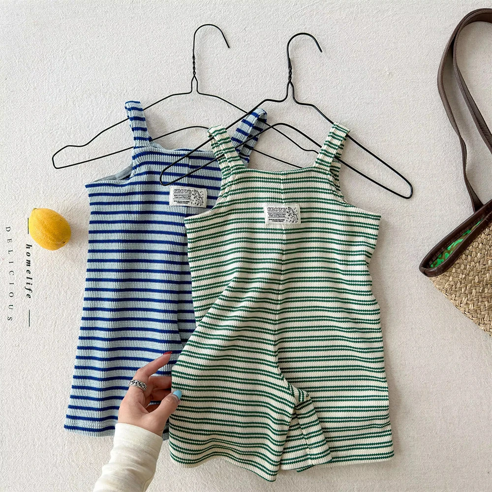 Summer Toddlers Kids Striped Suspenders Jumpsuits 2026 New Knee Length Korean Style Baby Girls Chic Overalls Children Jumpsuit