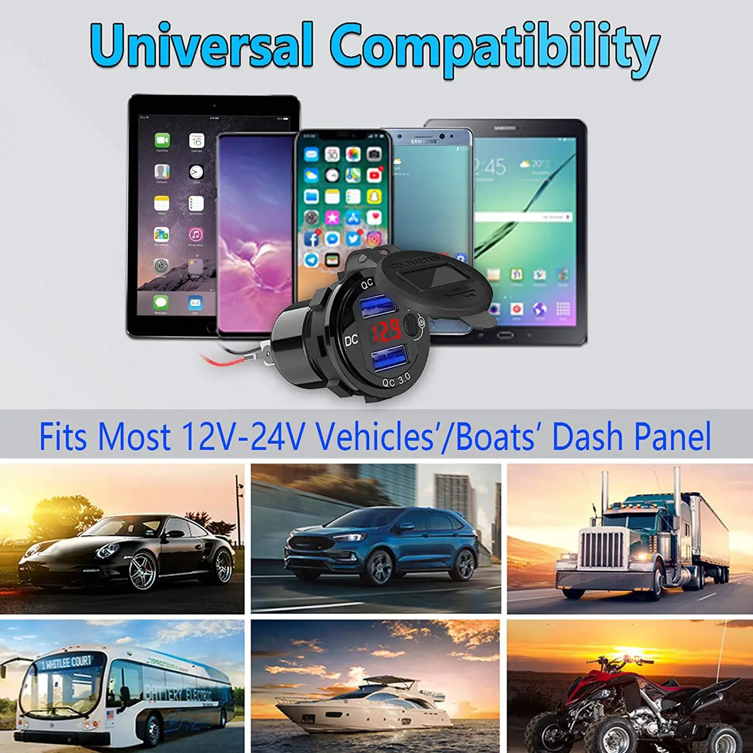 

Classy-Quick Charge 3.0 Dual 12V USB Car , Aluminum Socket With Switch Button And Red Digital Voltmeter, Waterproof