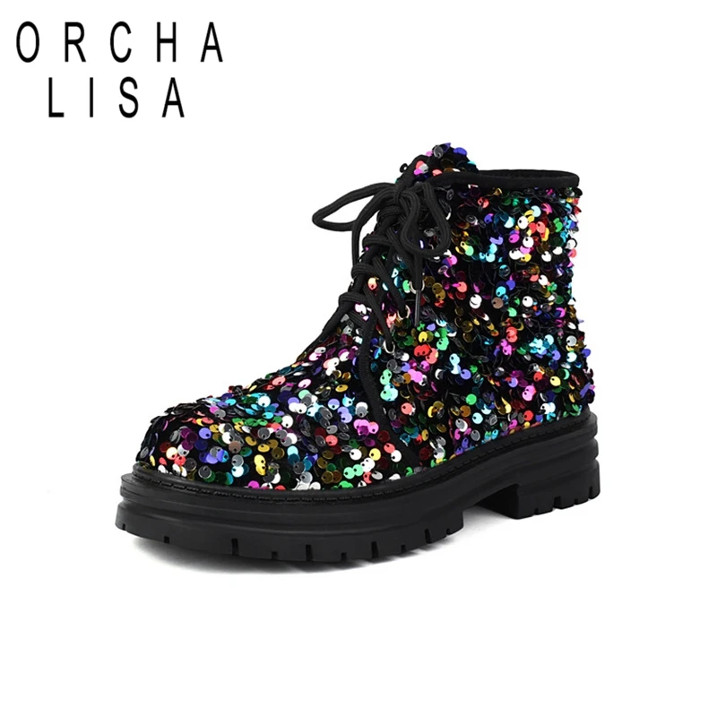 

ORCHALISA Cool Designer Ankle Boots 3cm Chunky Heels 1cm Platform Strap Up Sequins Round Toe Big Size 43 US11 Party Women Bota