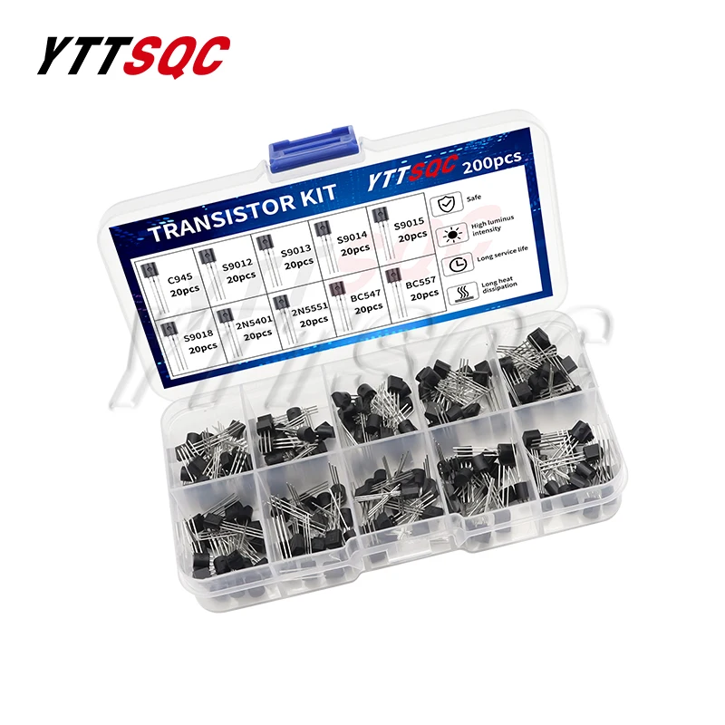 200pcs BJT Transistor Kit Bipolar Power Transistors A1015 BC327 BC337 C1815 S8050 S8850 2N2222 2N2907 2N3904 2N3906 PNP NPN