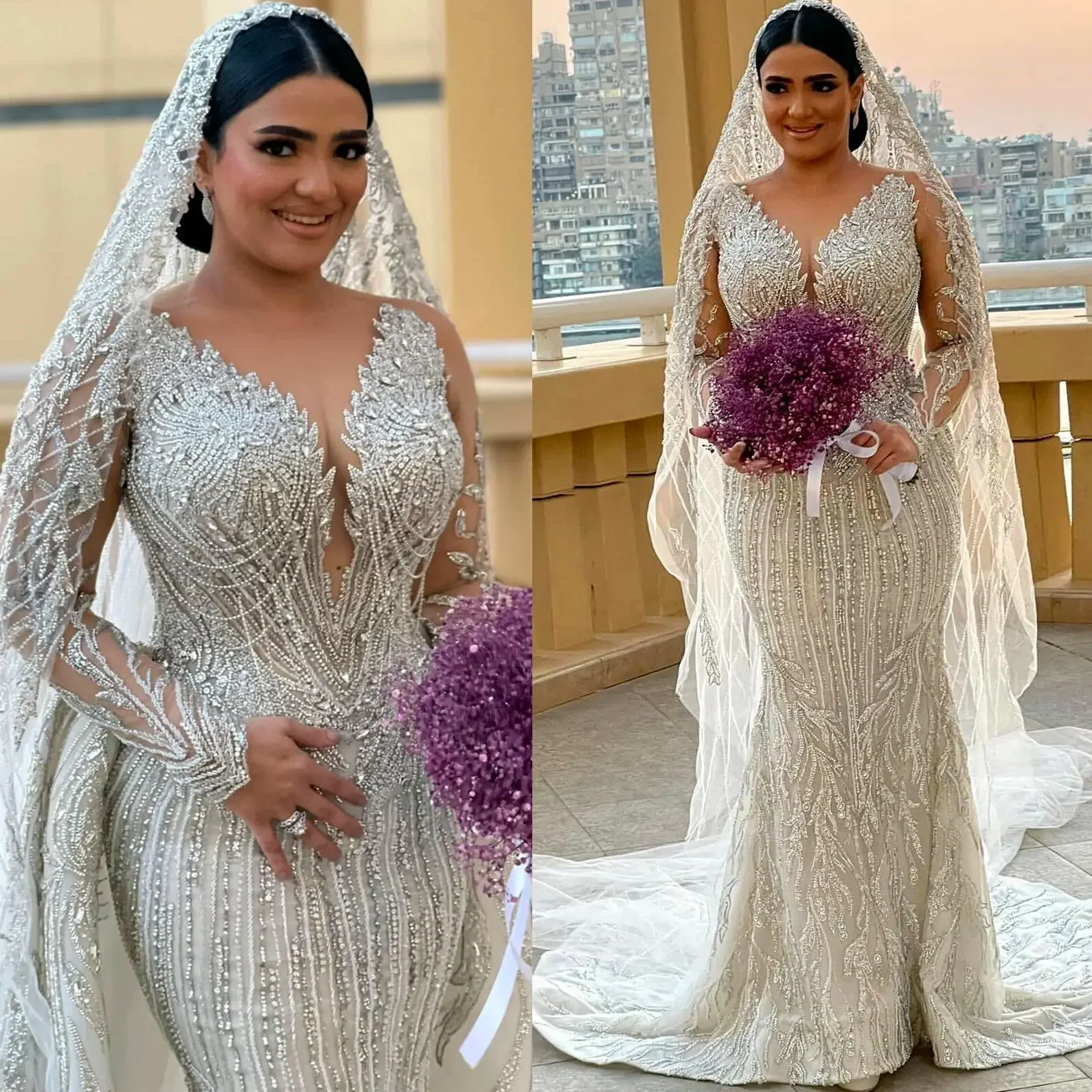 

Customized Arabic Plus Size Arabic Ivory Mermaid Wedding Dress Beaded Crystals Sparkly Bridal Gowns Dresses Vestido