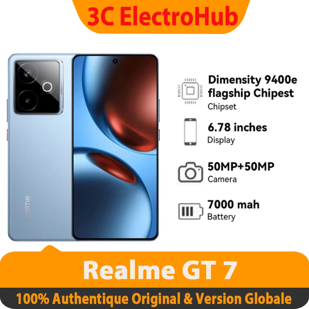 【EU Version】Realme GT 7, Chipset phare 5G Dimensity 9400e, 6,78 pouces, Refroidisseur à 120Hz, Charge rapide 120W, 7000mAh, 50MP 2X, IP69
