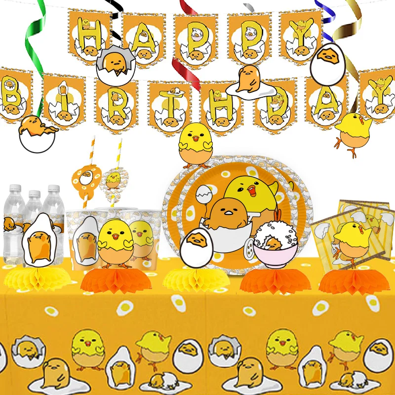 gudetama: an eggcellent  themed cute birthday party decoration tableware supplies cups honeycomb plates cake topper baby shower