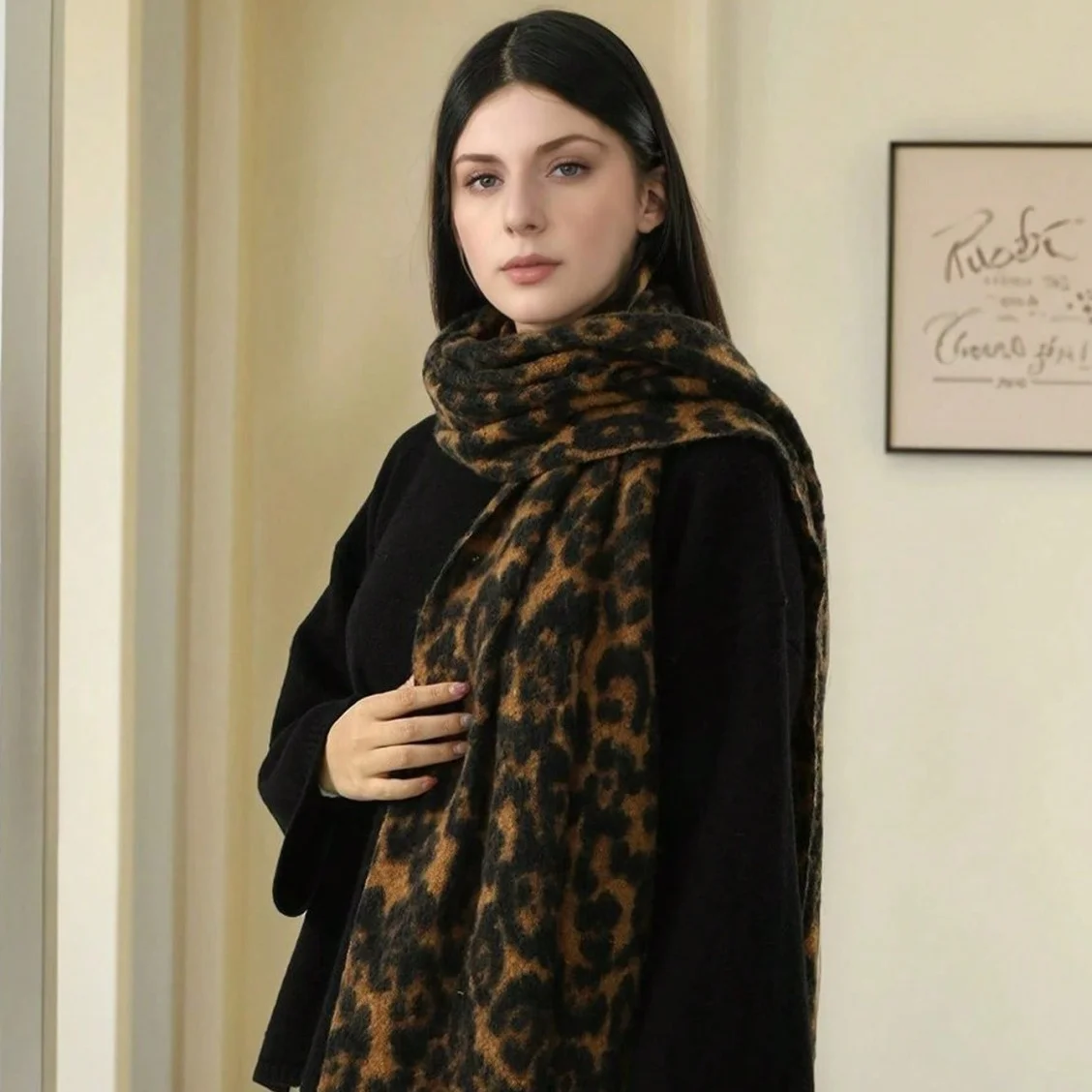 الخريف والشتاء تقليد الكشمير ليوبارد طباعة وشاح المرأة الدافئة وسميكة وشاح الرجعية ليوبارد طباعة مع شرابة شال كبير 1
