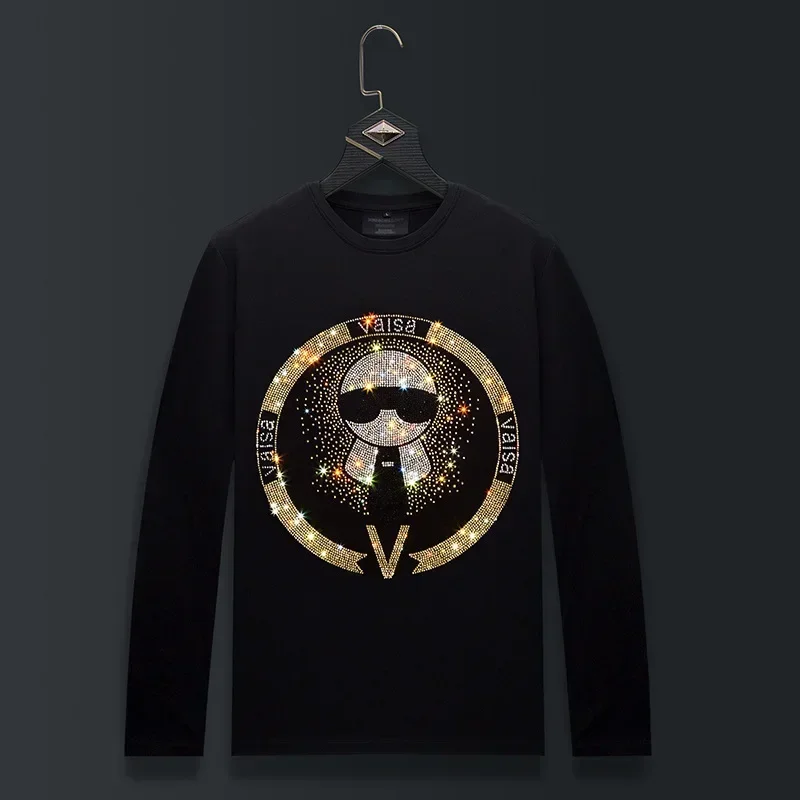 

Plus Size Character Rhinestones T Shirts Men Top Fashion Streetwear O Neck Long Sleeve Slim Modal Cotton Tshirts Mens Clothing