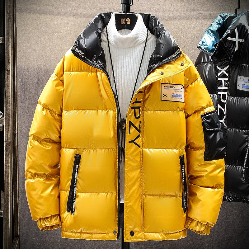 2022 novo couro brilhante jaqueta de inverno dos homens casuais parka outwear engrossar à prova dthicken água quente gola casaco outwear