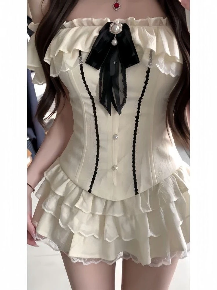 Summer Sweet Off-the-Shoulder Crop Top 2 Piece Set Women Lace Bow Corset Slim Fit Ruffle Cake Skirt Dress Elegant Party Outfit